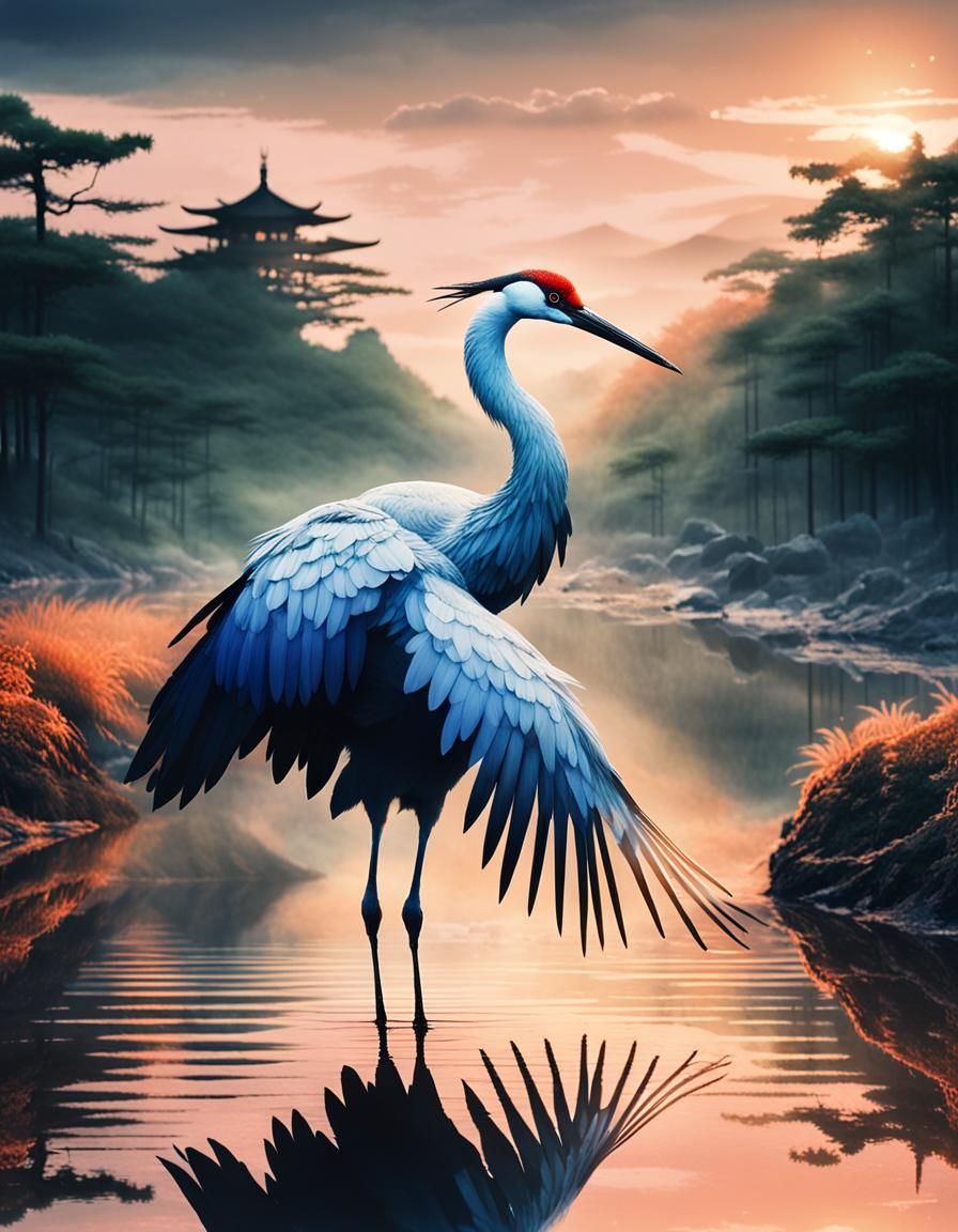 Oriental Crane Remembering Ancient Pagodas: Double Exposure ...