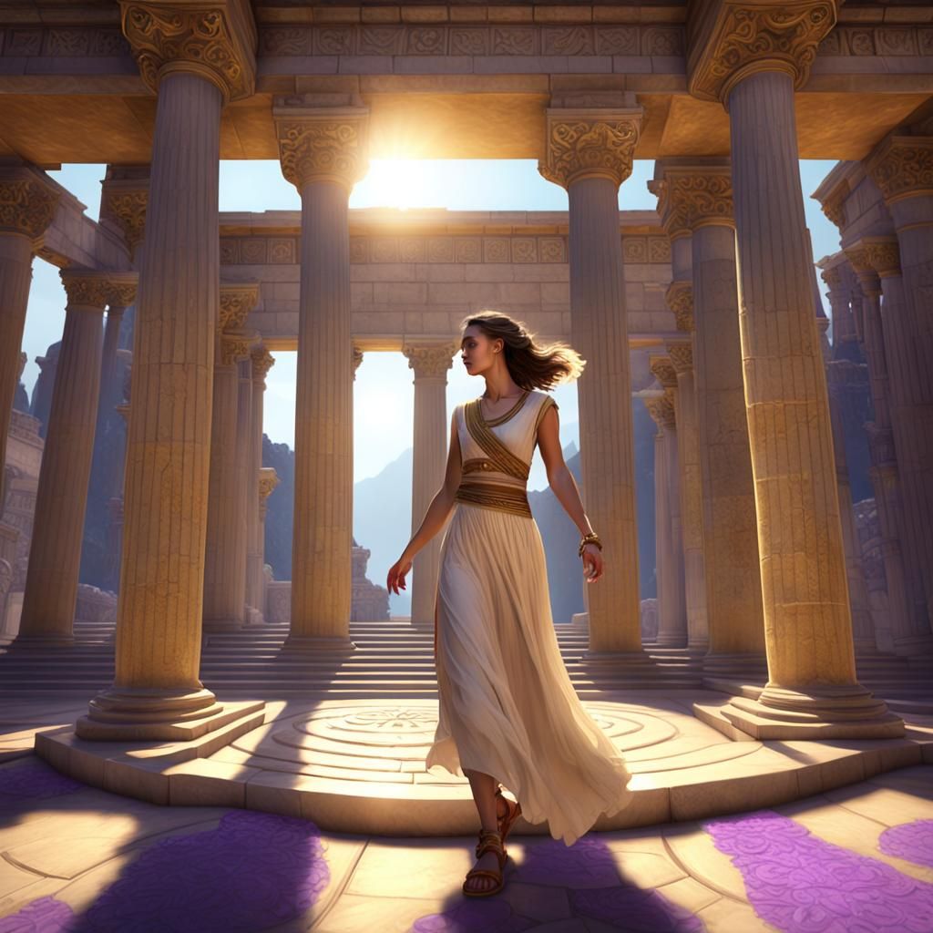Girl Dancing at Greek Temple, Dark Fantasy Art