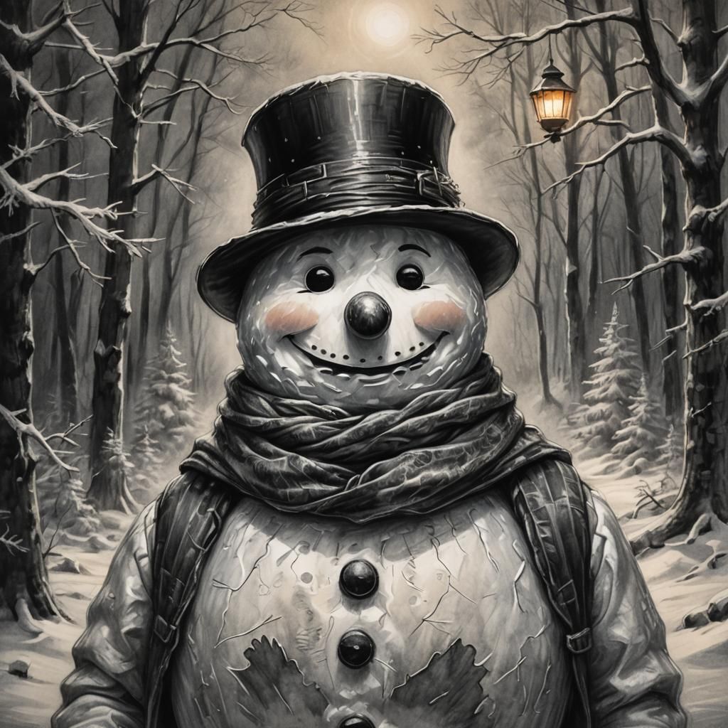 Sardonic Snowman in Snowy Forest: Charcoal Drawing