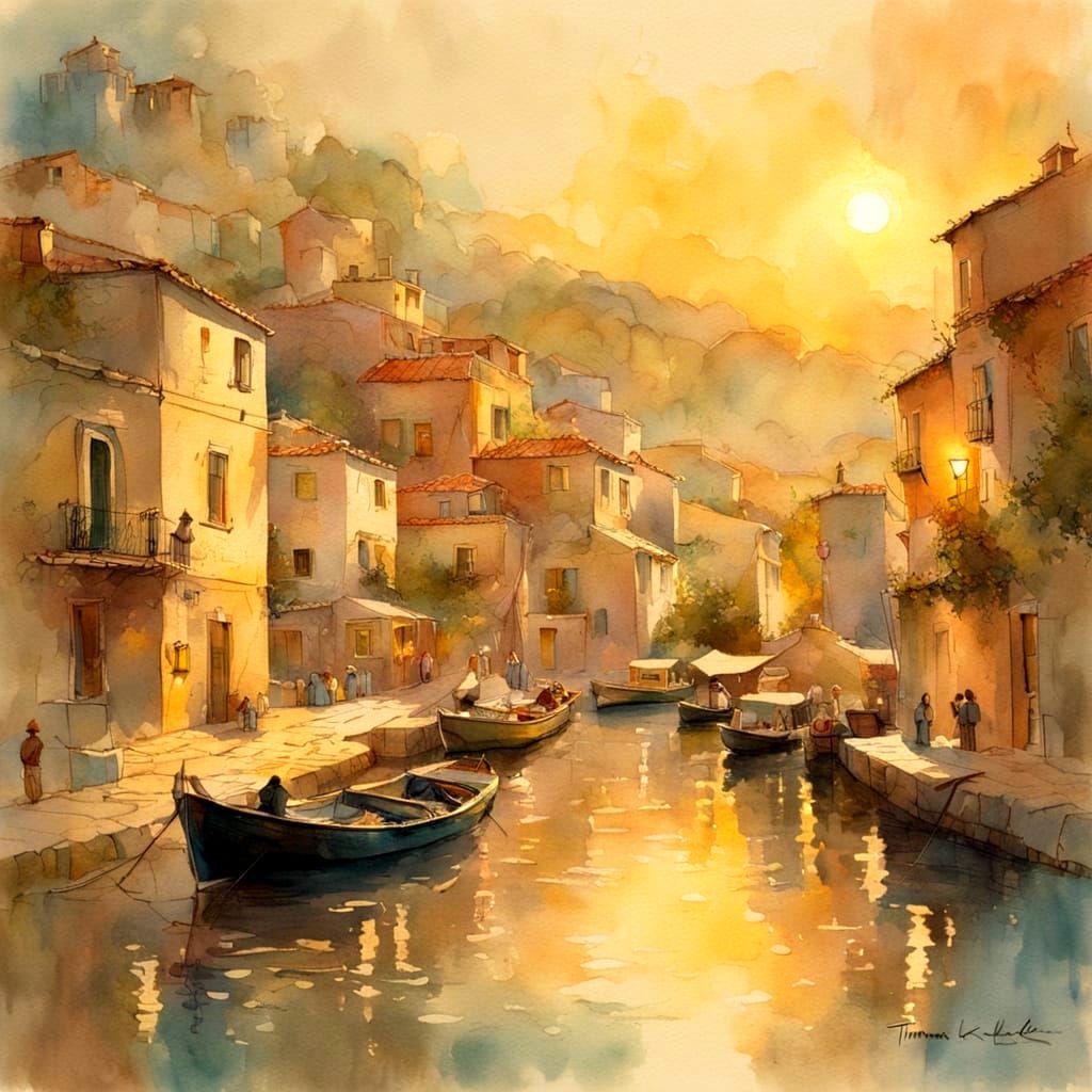 Ethereal Greek Harbor Scene with Warm Golden Light
