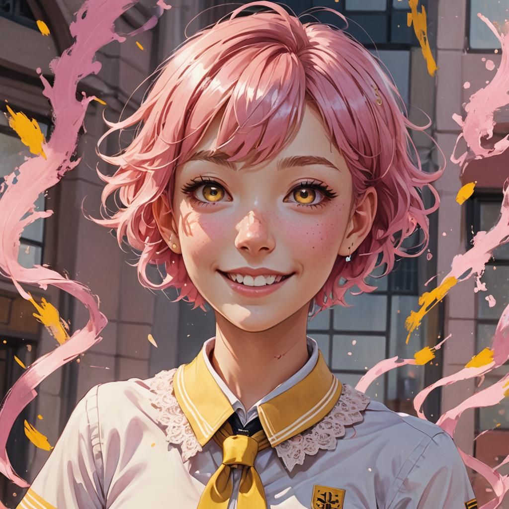 Pink-Haired Girl in School Uniform: Watercolor Art