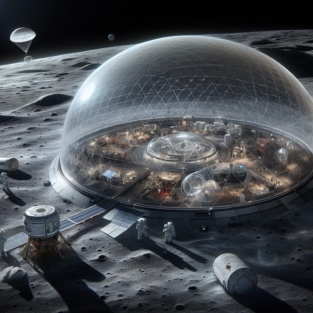 Futuristic Lunar Base with Dome and Spacecraft