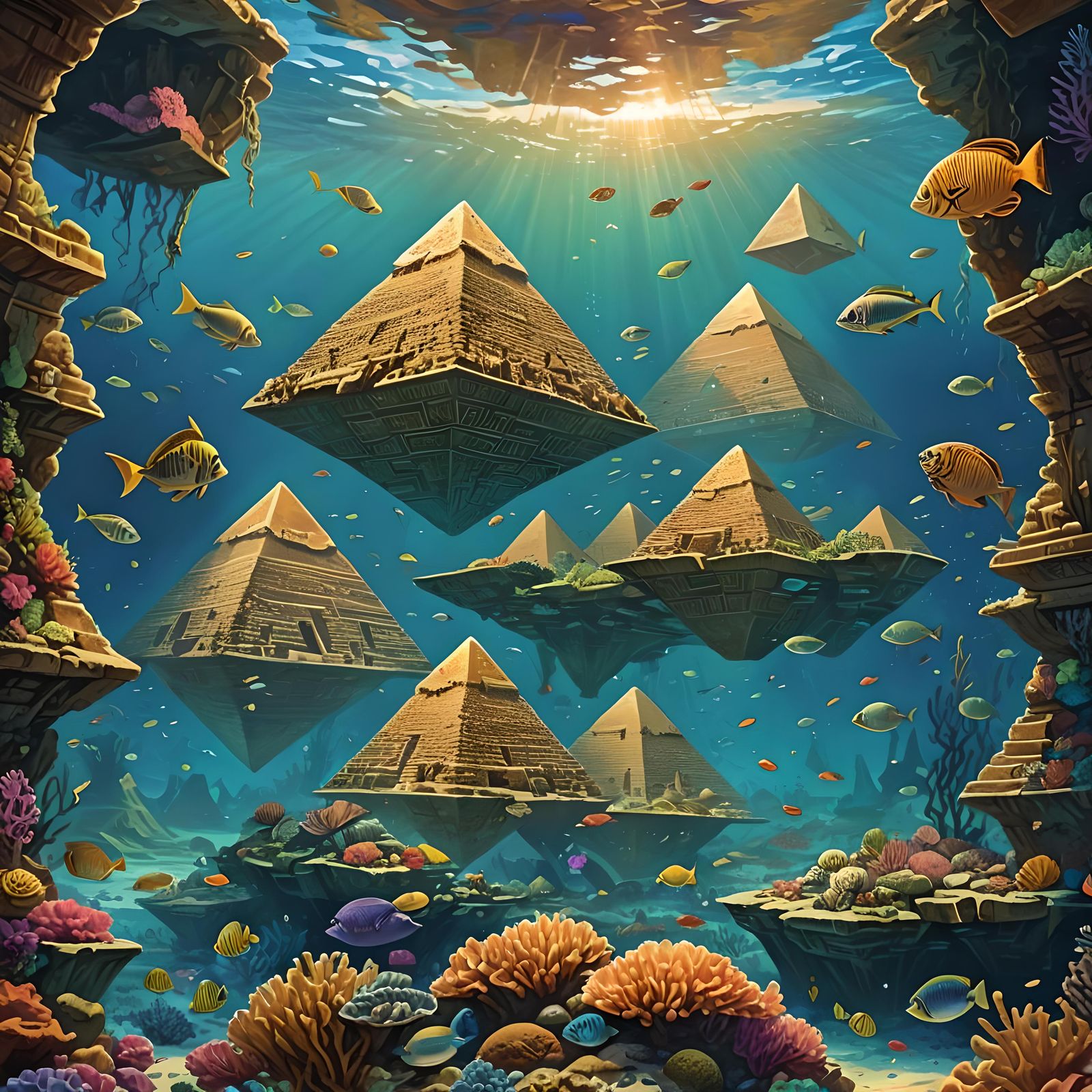 Cube Egyptian Pyramids at Ocean Floor: Matte Painting