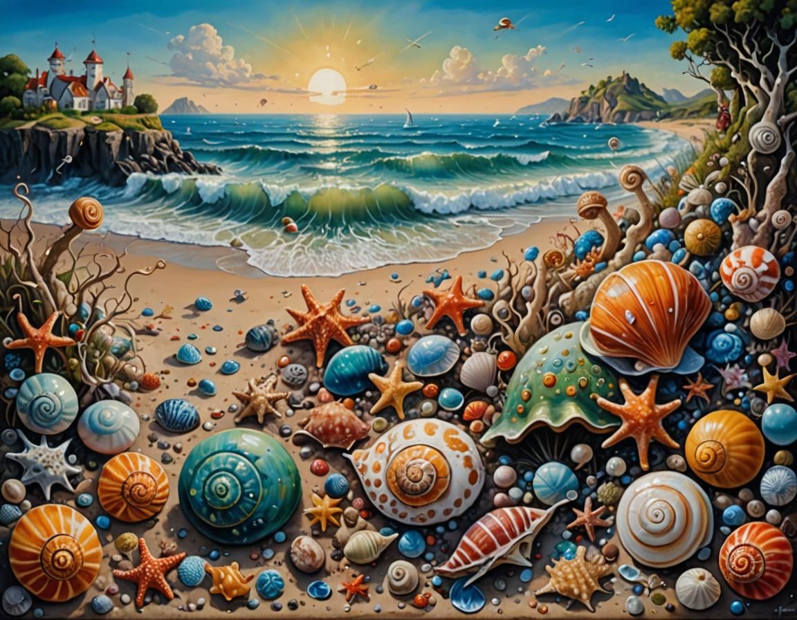 Surreal Shore Landscape with Exotic Sea Creatures