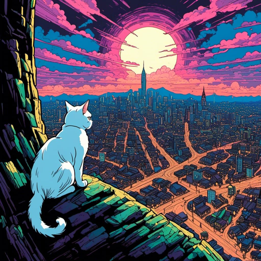 White Cat Watches Neon City Skyline
