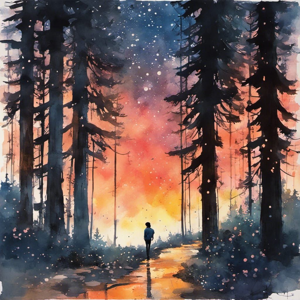 Redwood Forest Sunset: Gouache and Watercolor Painting