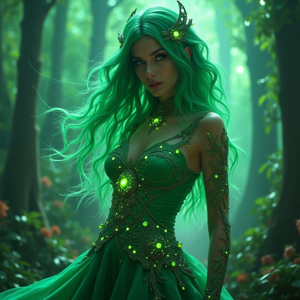 Ethereal Green Goddess in Cyberpunk Landscape