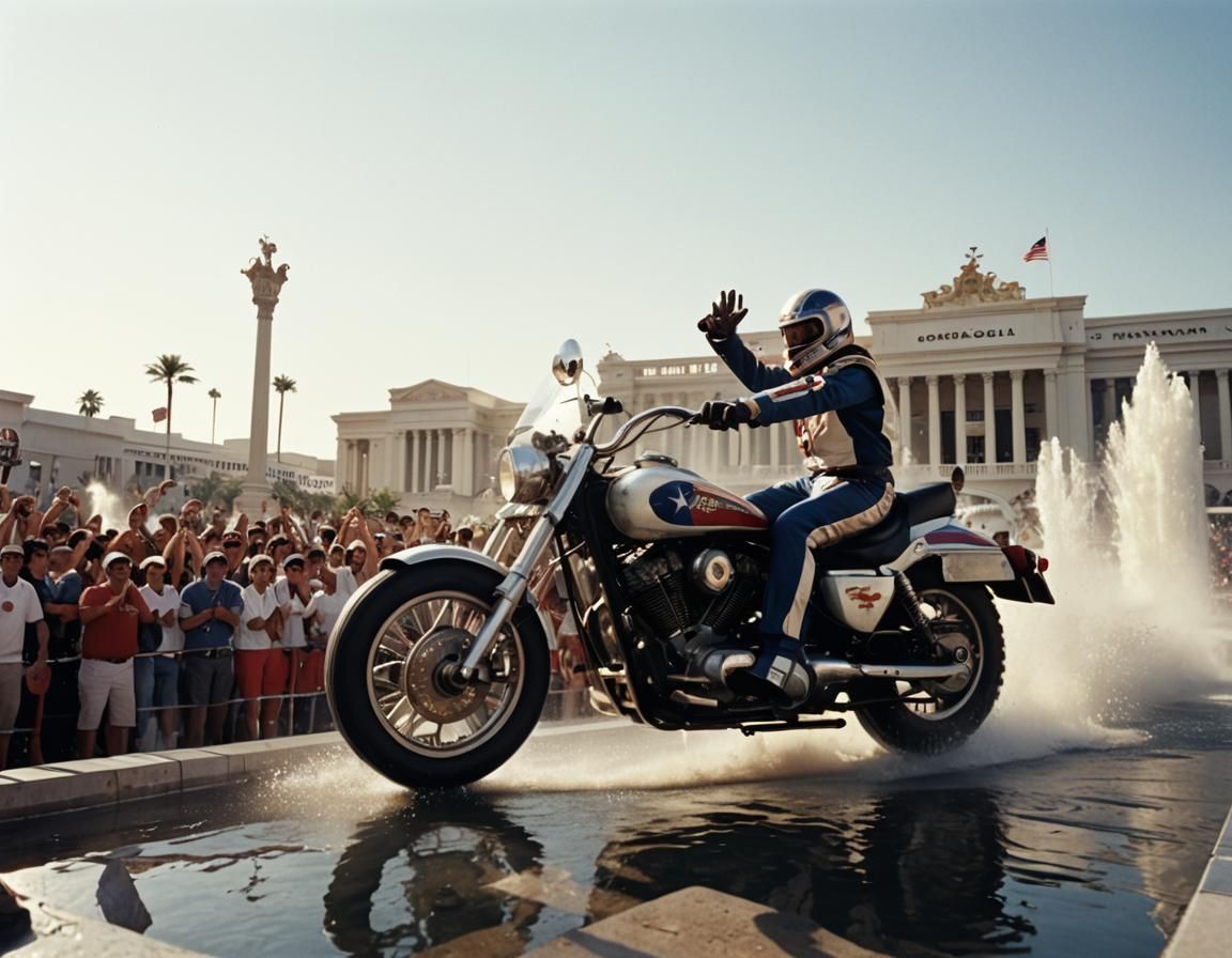 Motorcycle Stuntman Jumps Fountains at Caesar's Palace
