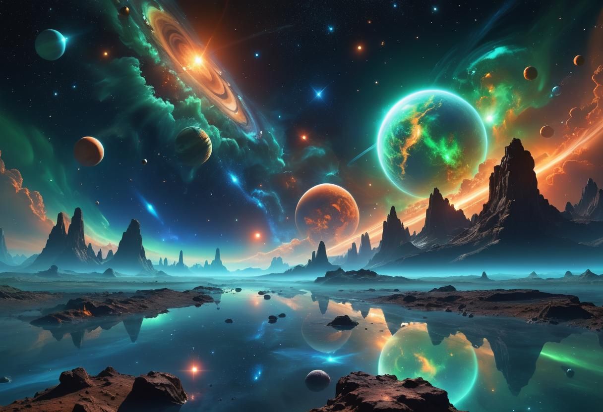 Cosmic Landscape with Planets and Nebula