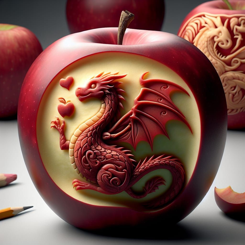 Dragon Carved Apple: Photorealistic Matte Painting