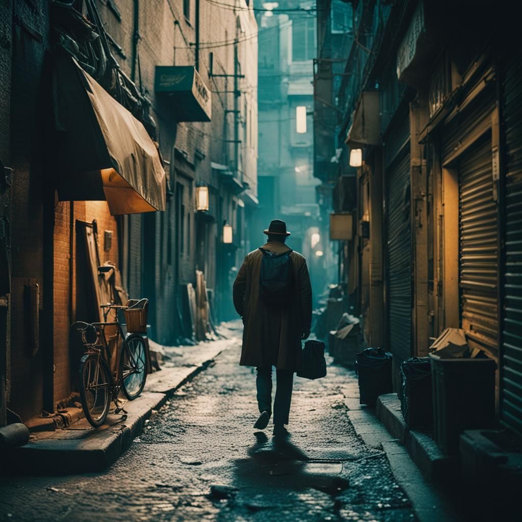 Dramatic Cinematic Film Still in Dark Alleyways