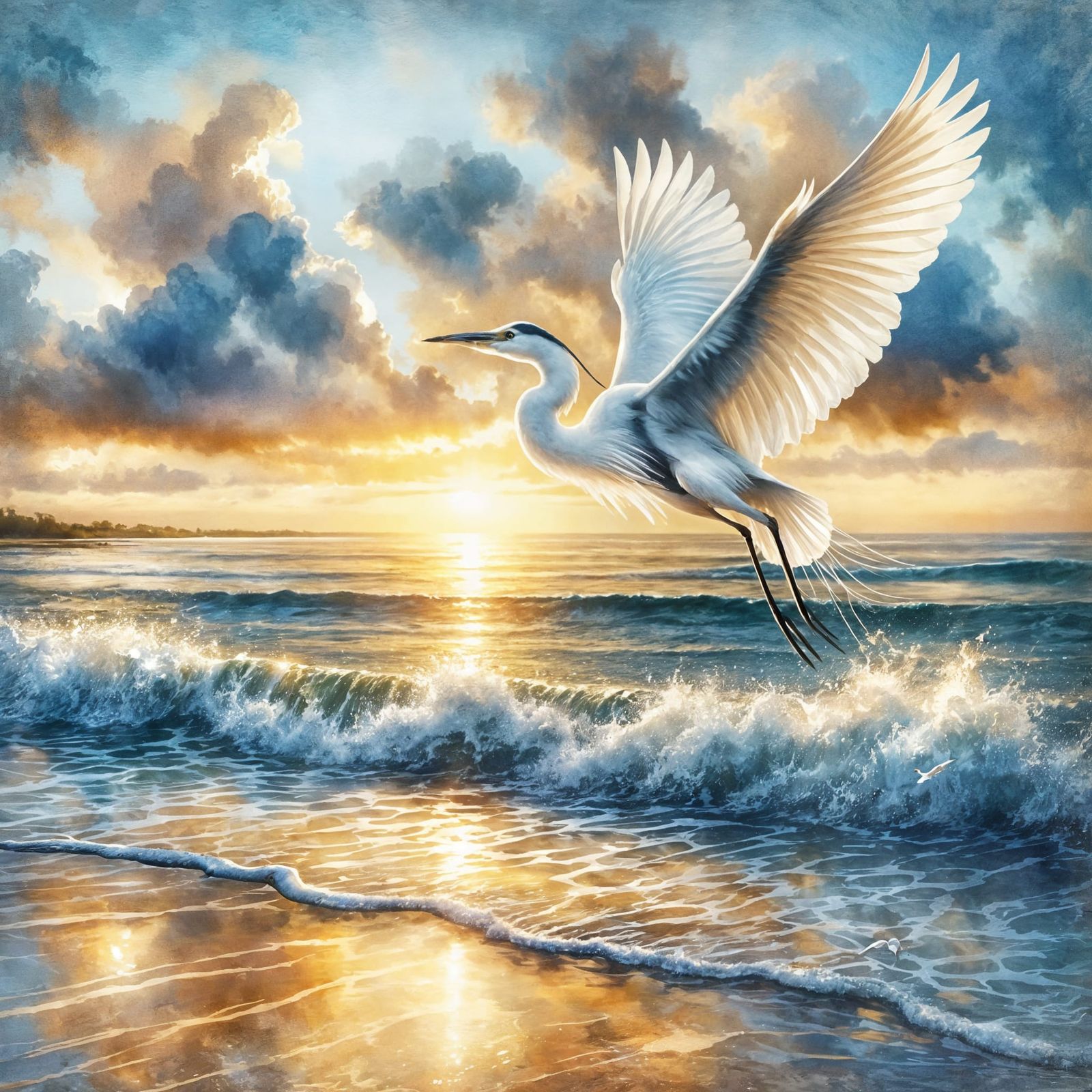 White Heron Skims Sunset Waves in Watercolor