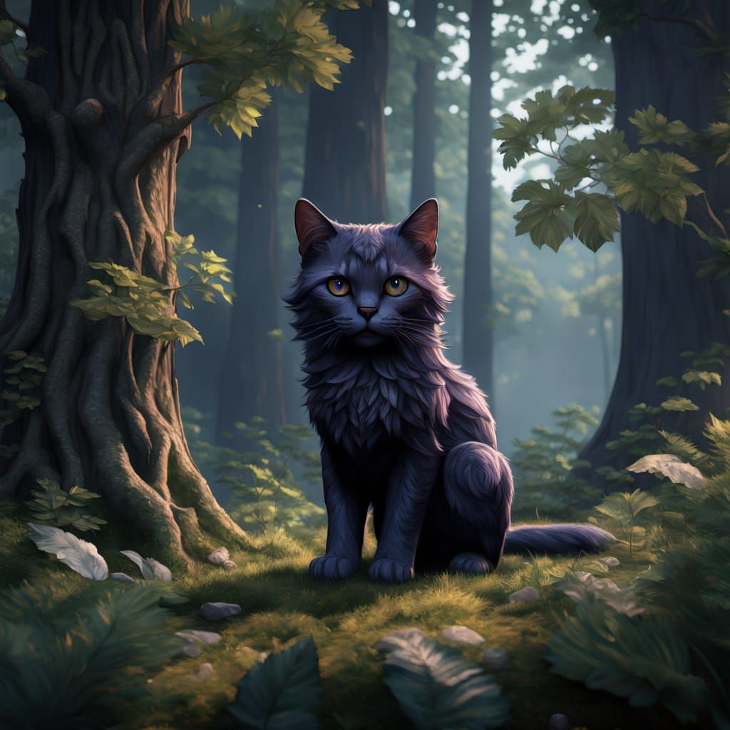 Majestic Cat Emerges from Lush Forest in Ethereal Atmosphere