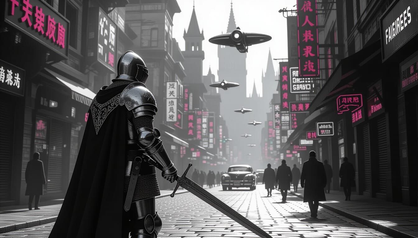 Knight in Cyberpunk City, Cinematic Black and White