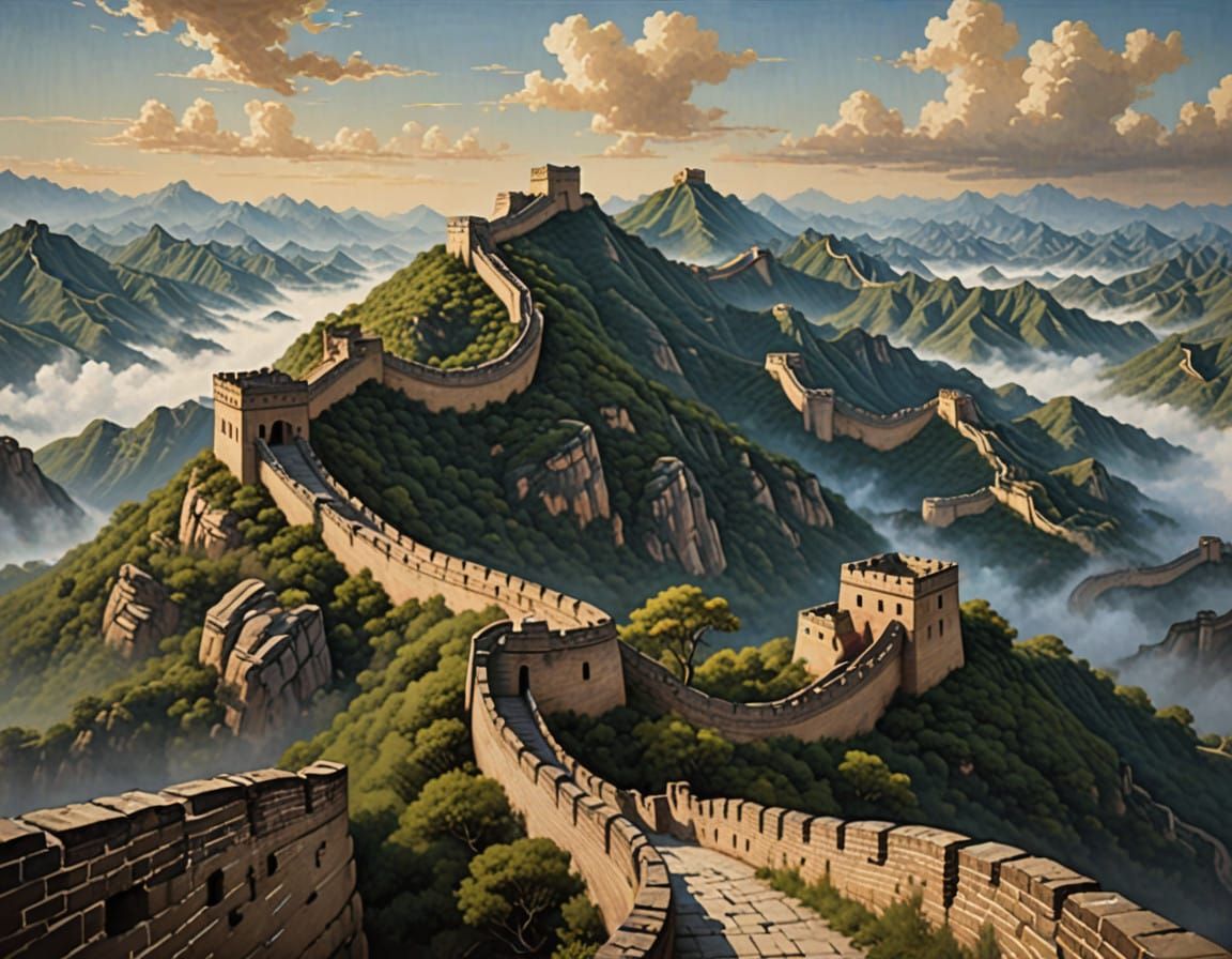Majestic Chinese Landscape Painting of the Great Wall