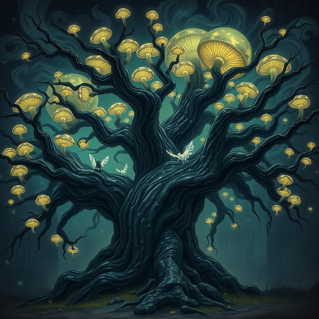 Ancient Obsidian Tree Under Bioluminescent Fungi Sky