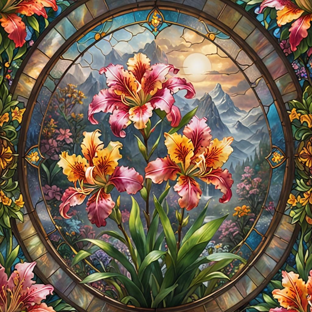 Stained Glass Alstroemeria Flower: Detailed Digital Painting