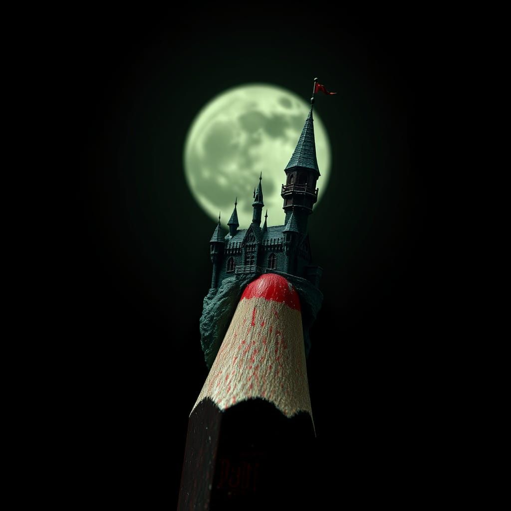 Dracula's Castle on Pencil Tip: Photorealistic Macro