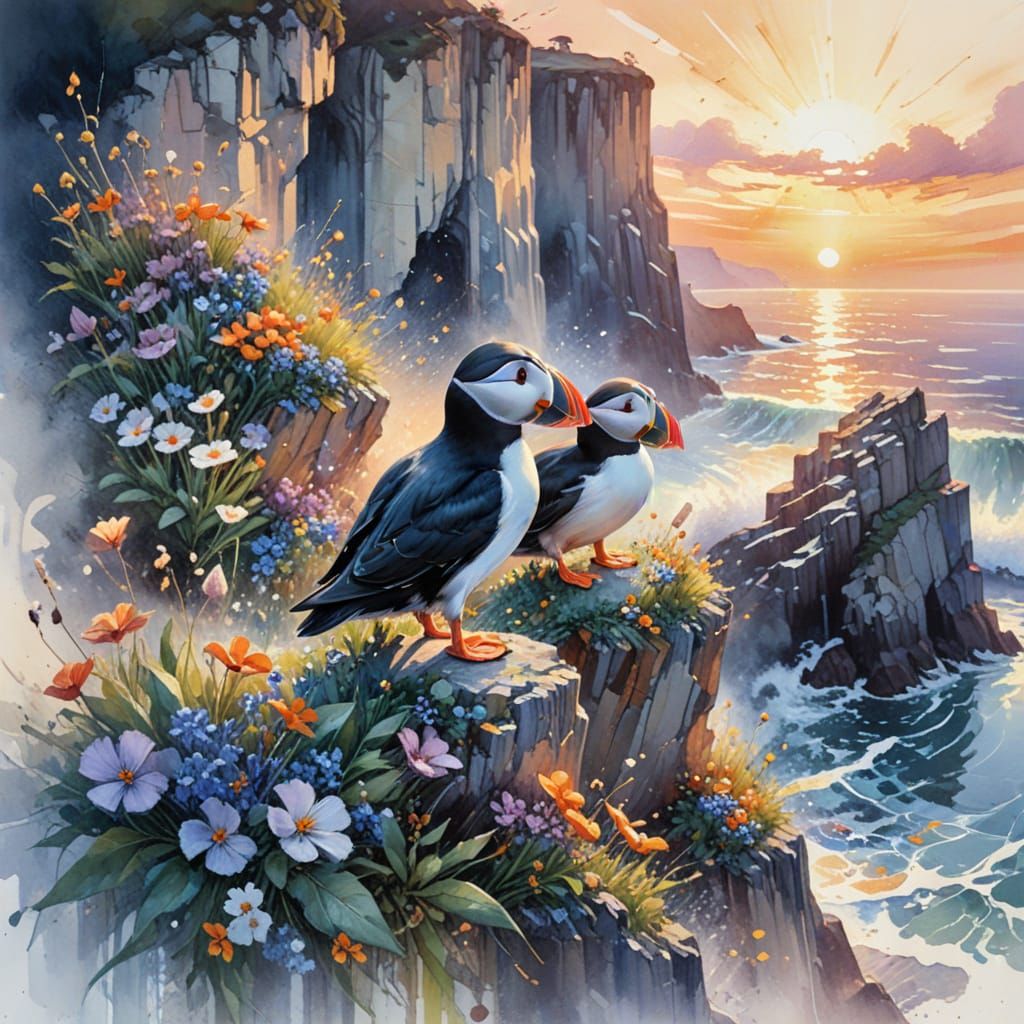 Puffins at Sunset: A Neo-Impressionist Seascape