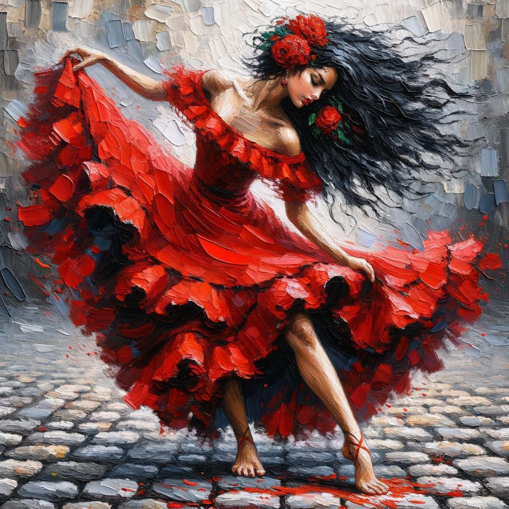 Hispanic Woman Dancing in Red Dress, Post-Impressionism