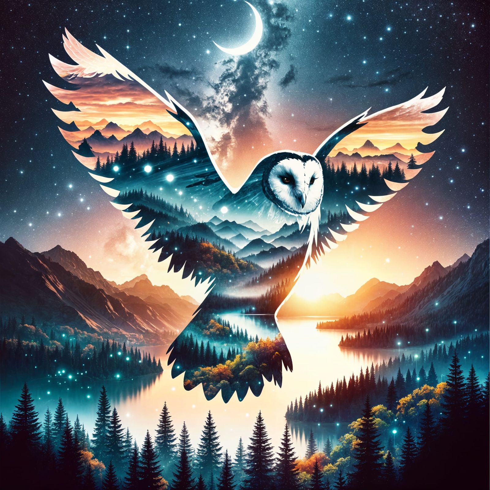 Glowing Patronus Owl Double Exposure Sunset Landscape