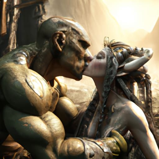 Orc Kissing Fae Woman: Hyperrealistic Digital Art