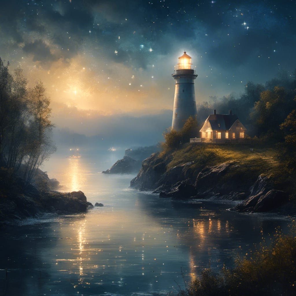 Lighthouse in Tranquil Bay at Night