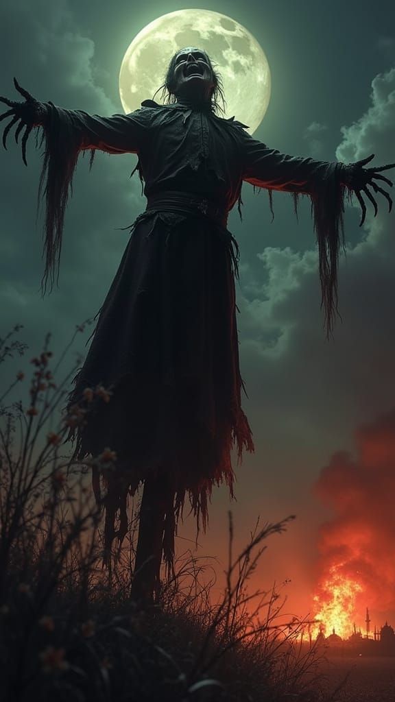 Gothic Vampire Scarecrow in Moonlit Inferno