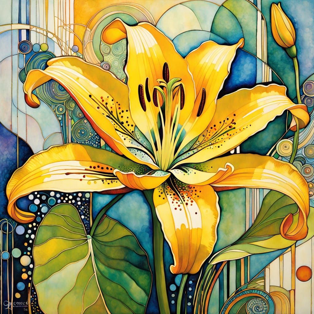 Intricate Yellow Lily: Ethereal Expressionist Mixed Media Ar...