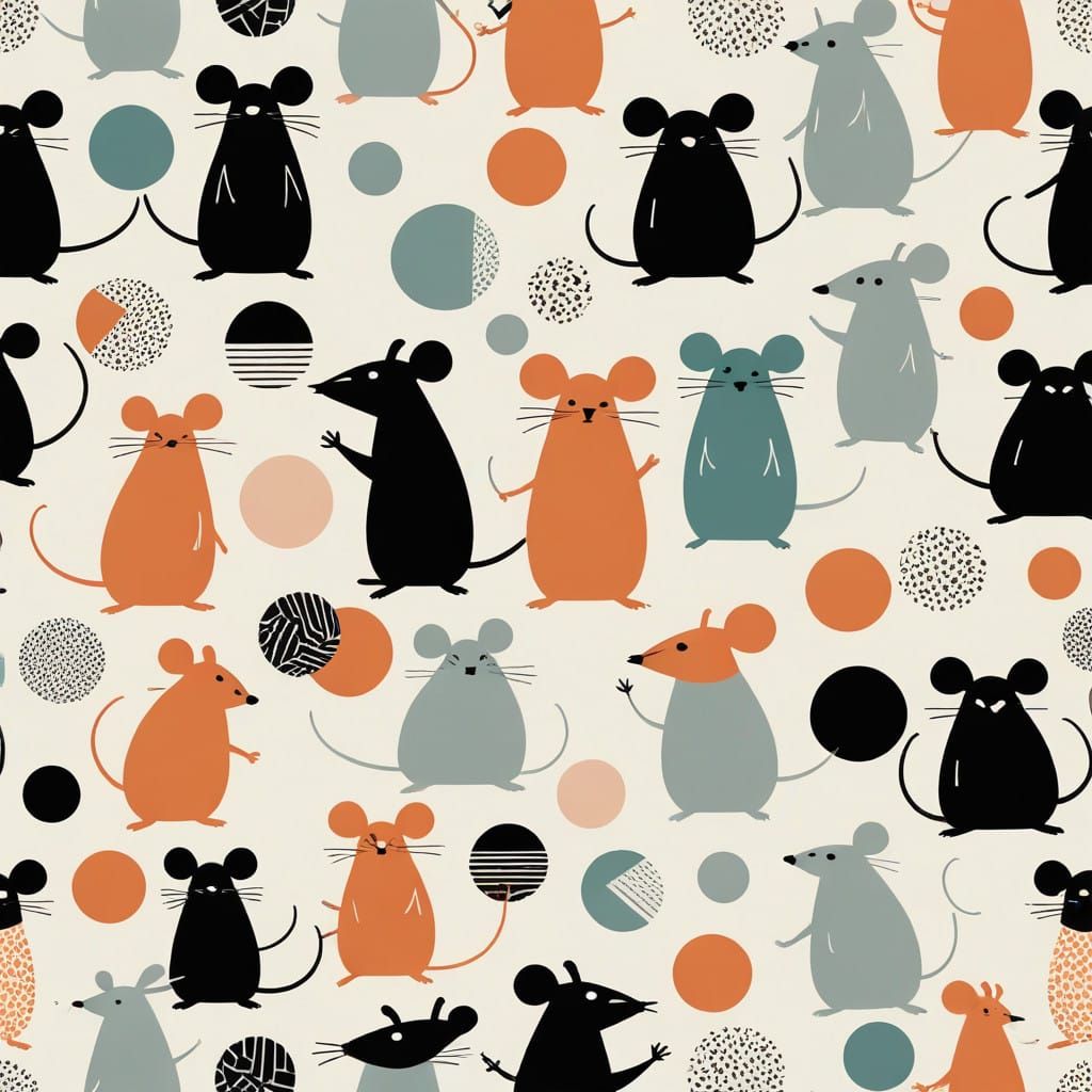 Friendly Mice Characters in Whimsical, Geometric Landscapes