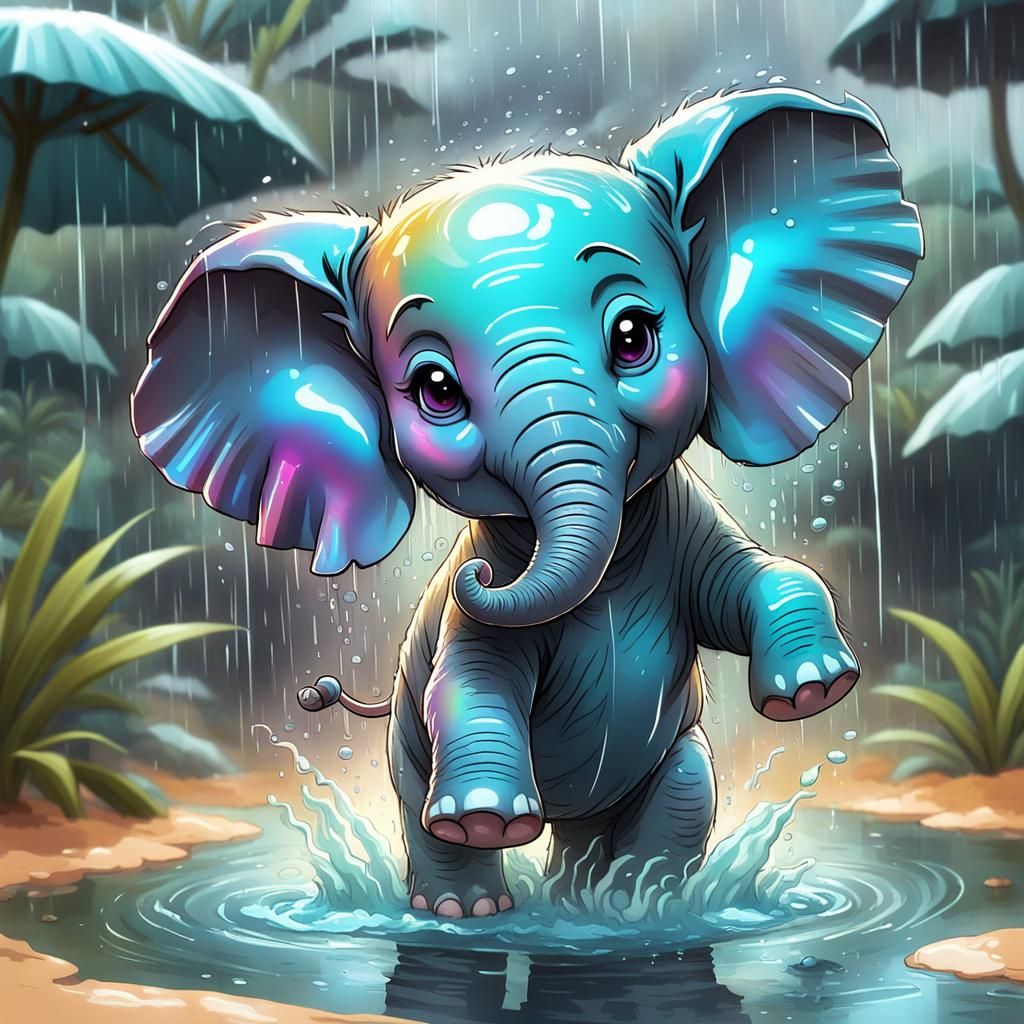 Chibified Elephant Baby Plays in Tropical Rainstorm