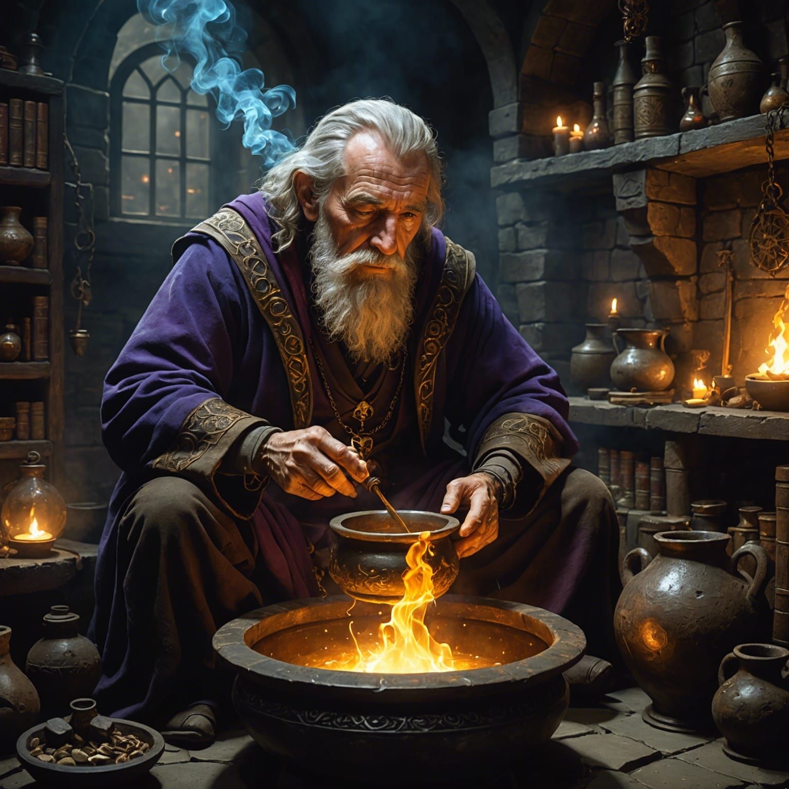Alchemist Working at Cauldron in Dimly Lit Chamber