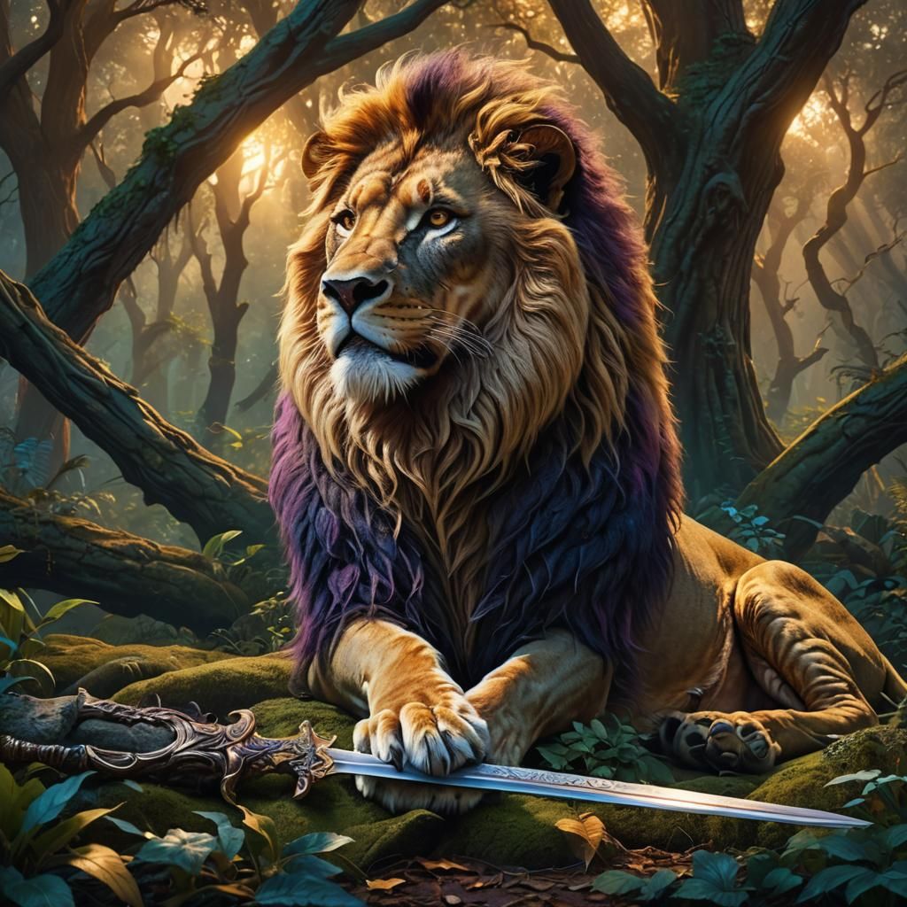 Majestic Lion's Demise in Mystical Forest