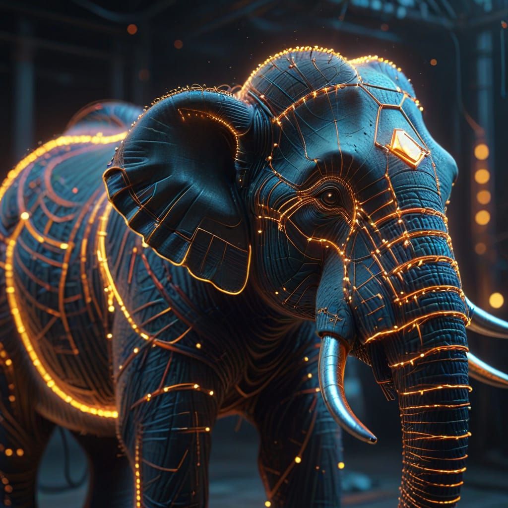 Neon Elephant Wireframe Armature in a Misty Atmosphere
