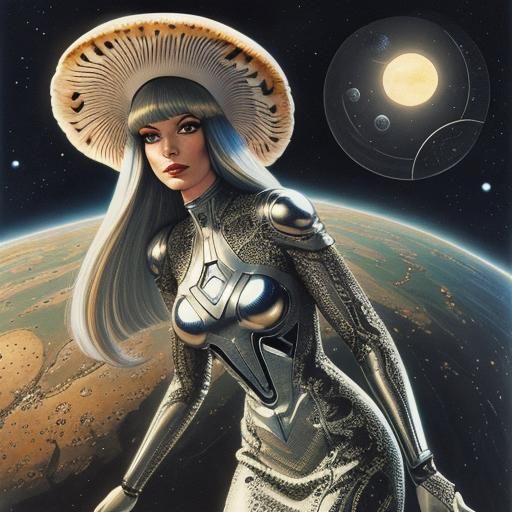 Cyborg Mushroom Girl Soaring in Space: Sci-Fi Art