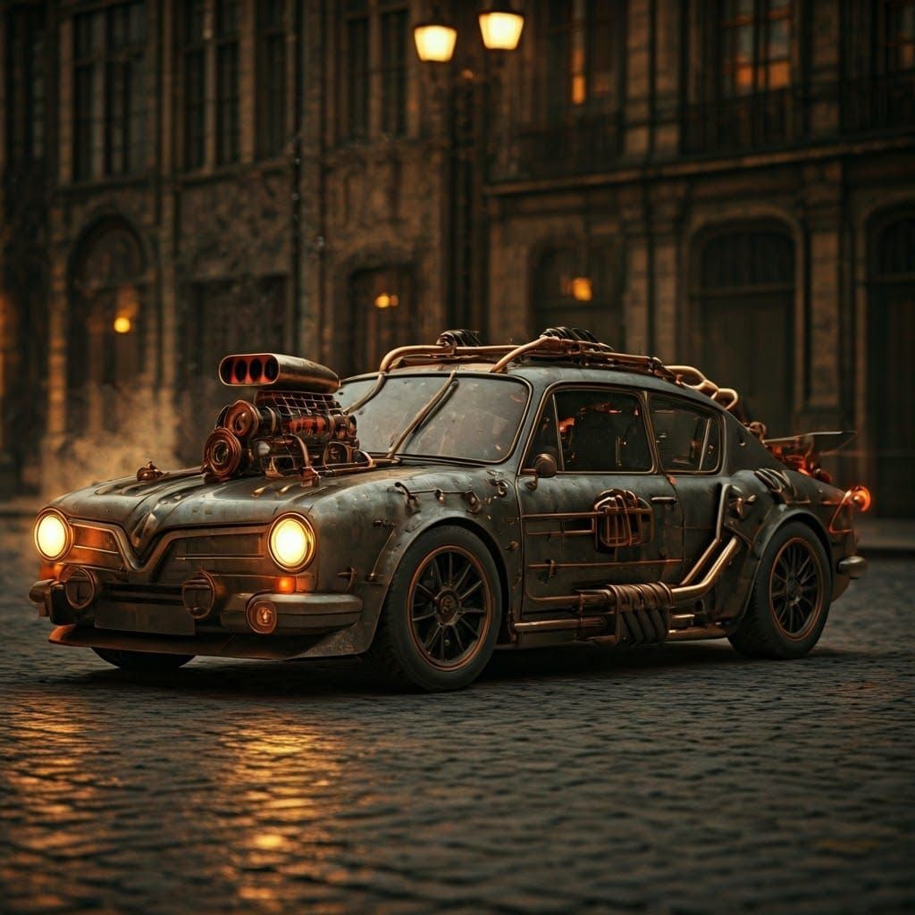 Steampunk Renault Muscle Car in Victorian Cityscape