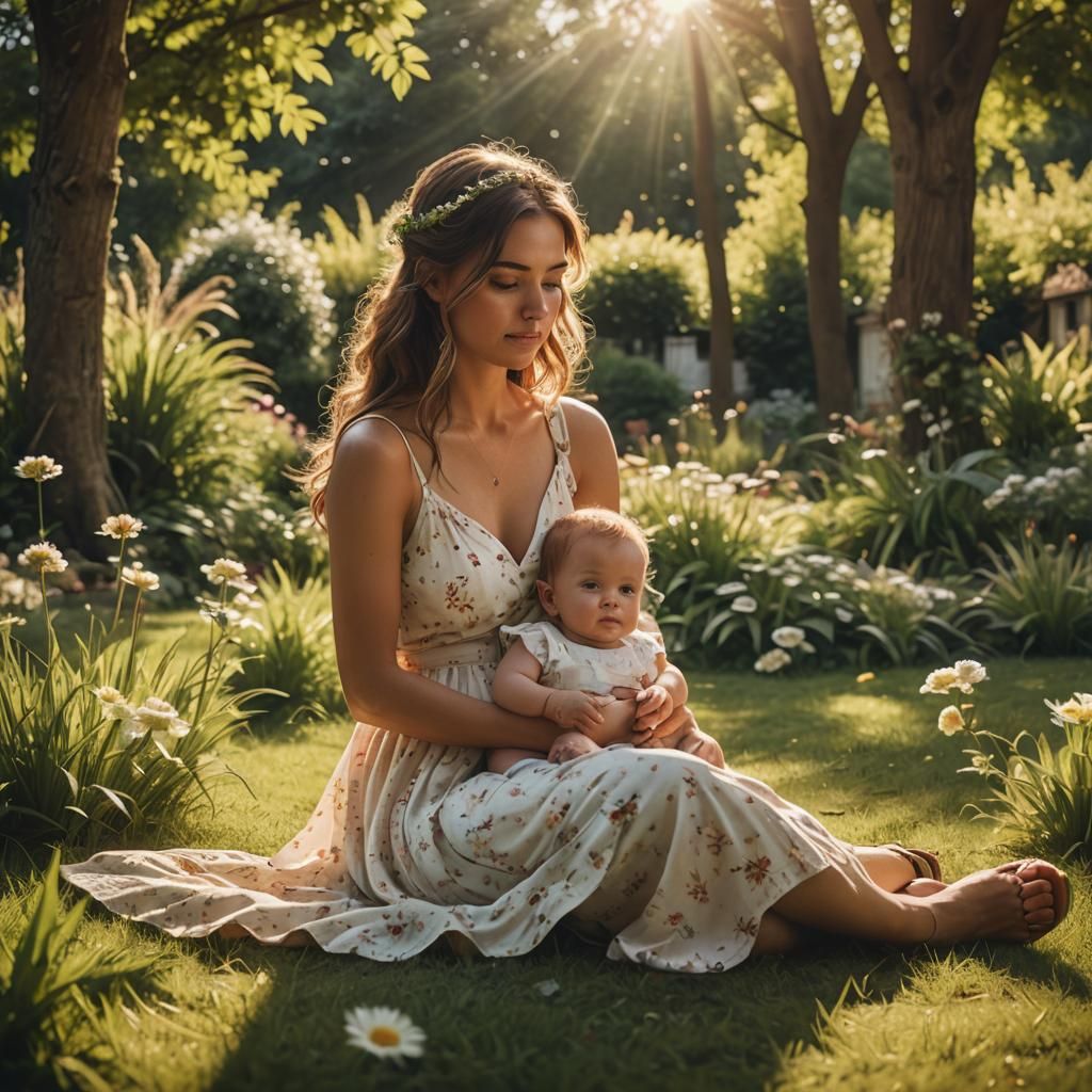 Girl and Baby in Summer Garden, Digital Matte Painting