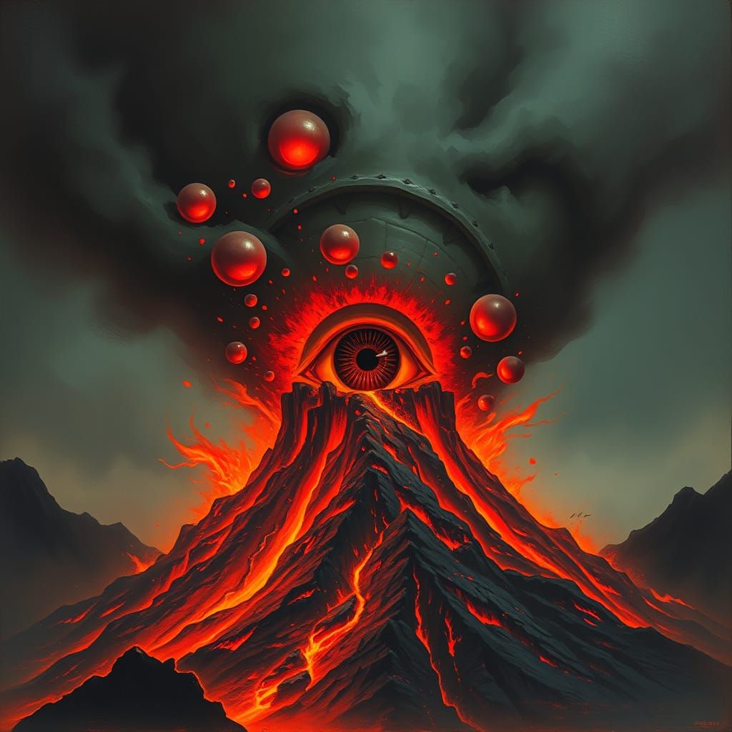 Volcanic Eruption with Sauron's Eye in Fantasy Art Style