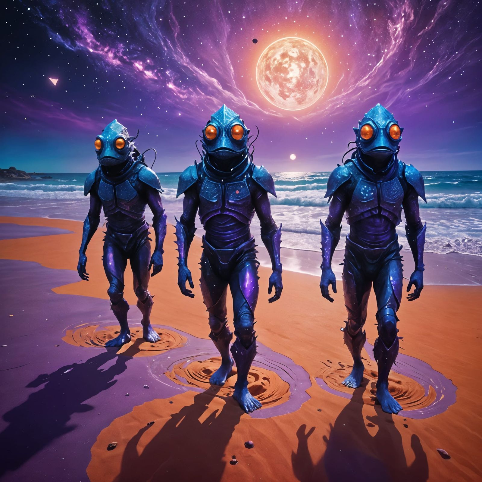 Fishmen Emerge from Cosmic Sea Under Purple Sun