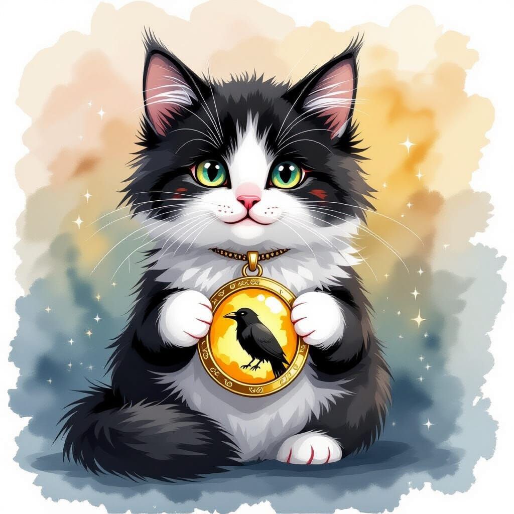 Fluffy Cat Holds Golden Raven Locket in Alcohol Ink Style