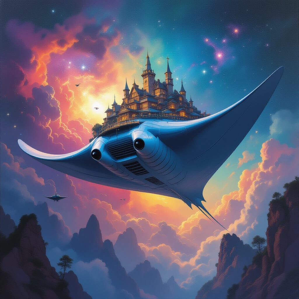 Fantasy Hamlet Atop Manta Ray Soaring Through Nebula