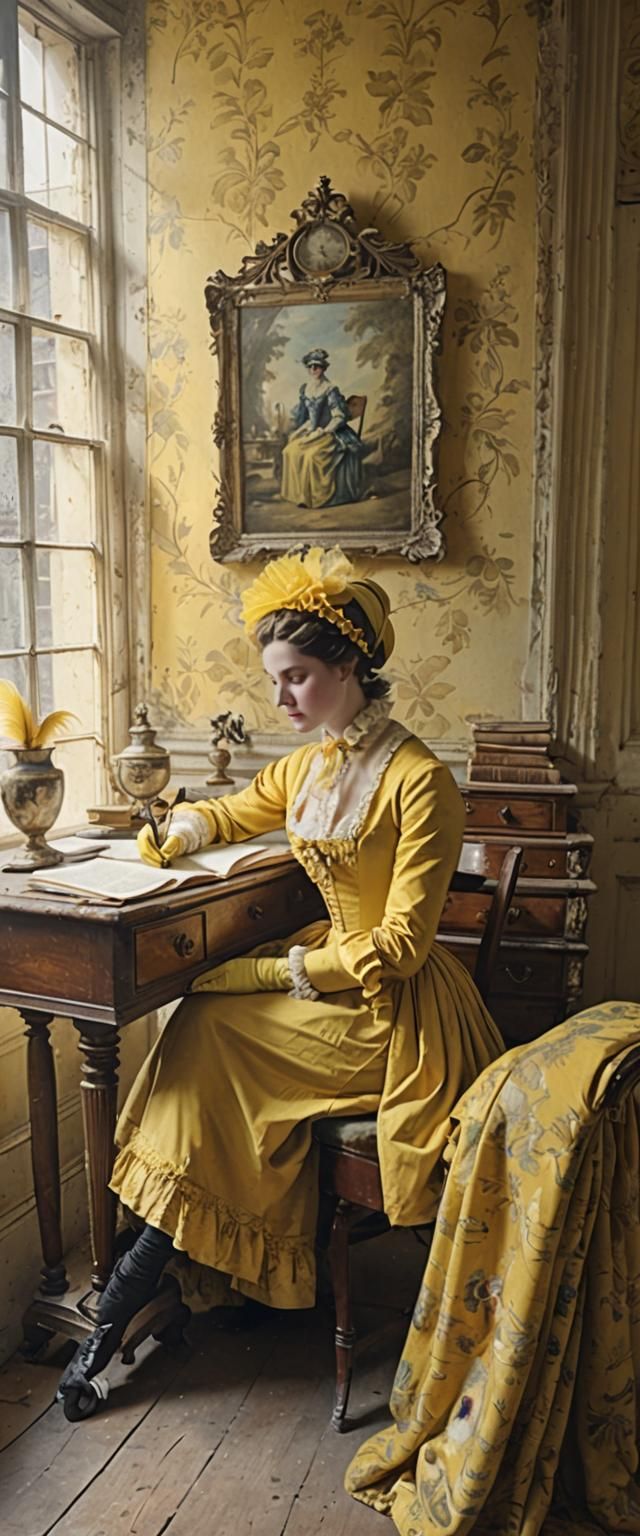 Regency Lady in Yellow Toile Gown at Desk