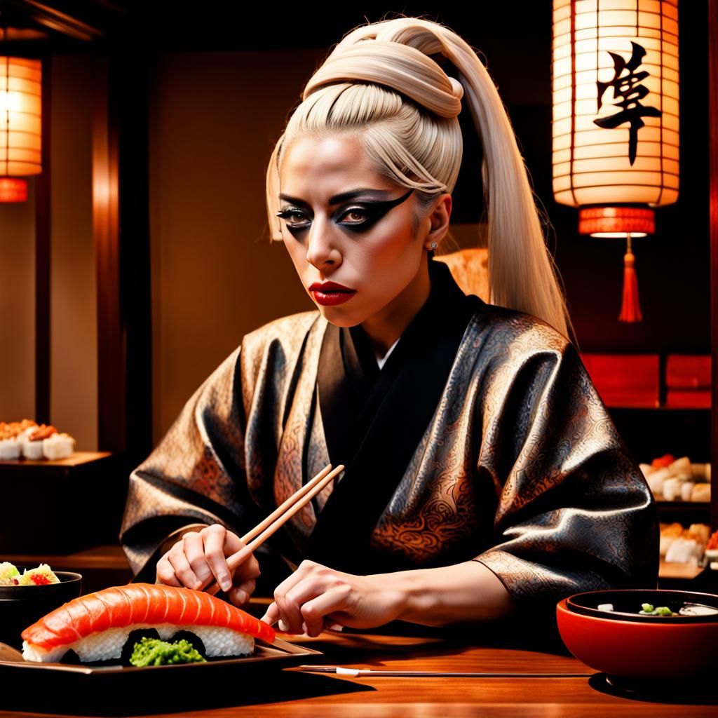 Lady Gaga as Hyperrealistic Samurai with Sushi