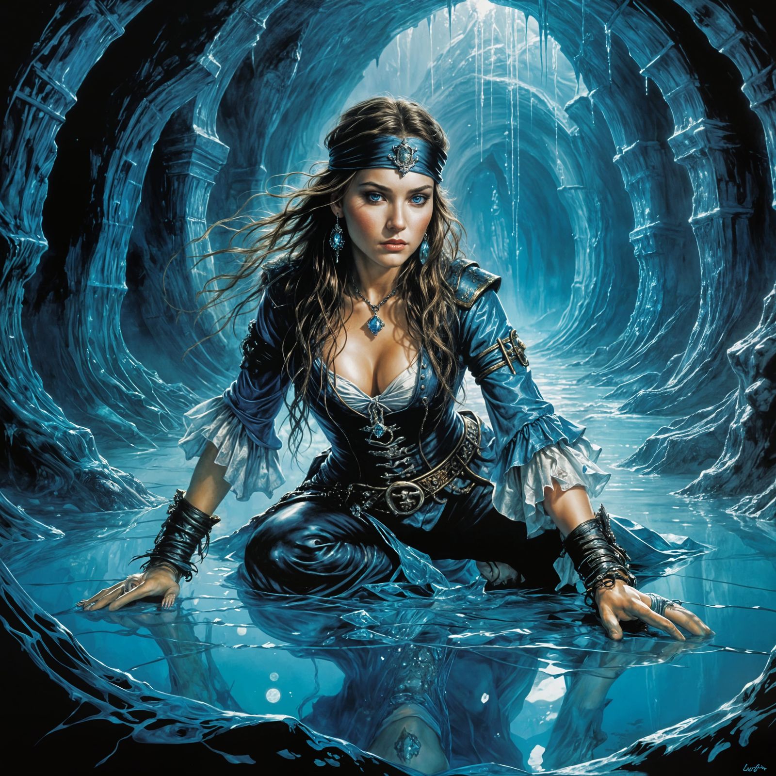 Pirate Woman in Flooded Crystal Cave Illustration