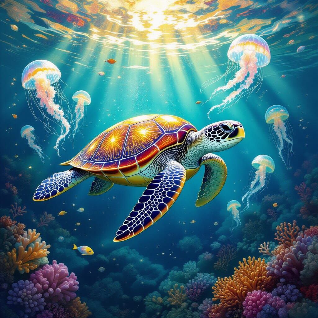 Celestial Sea Turtle Swimming Through Nebula, Art Nouveau St...