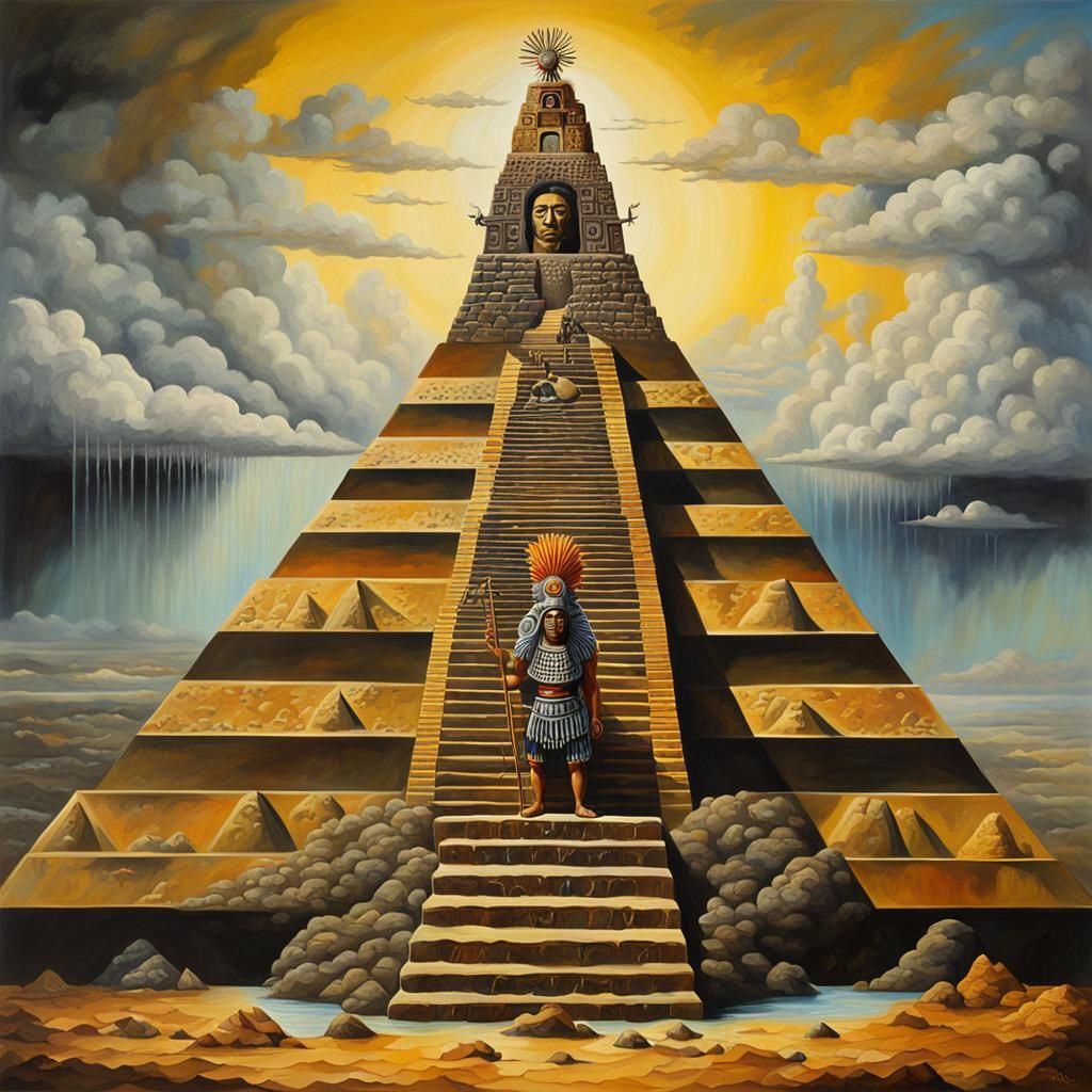 Aztec Chief Pyramid in a Surrealist Oil Painting