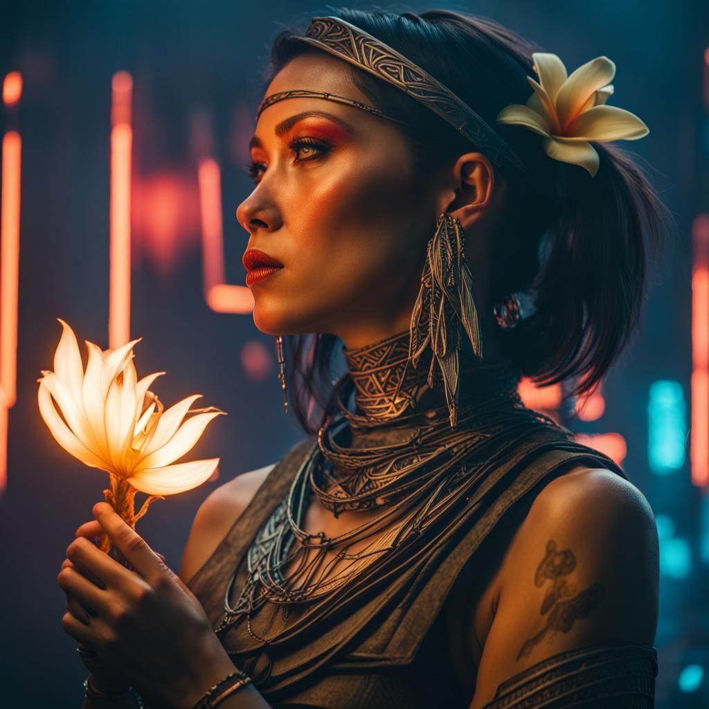 Hawaiian Woman with Tiare Flower in Cyberpunk Style