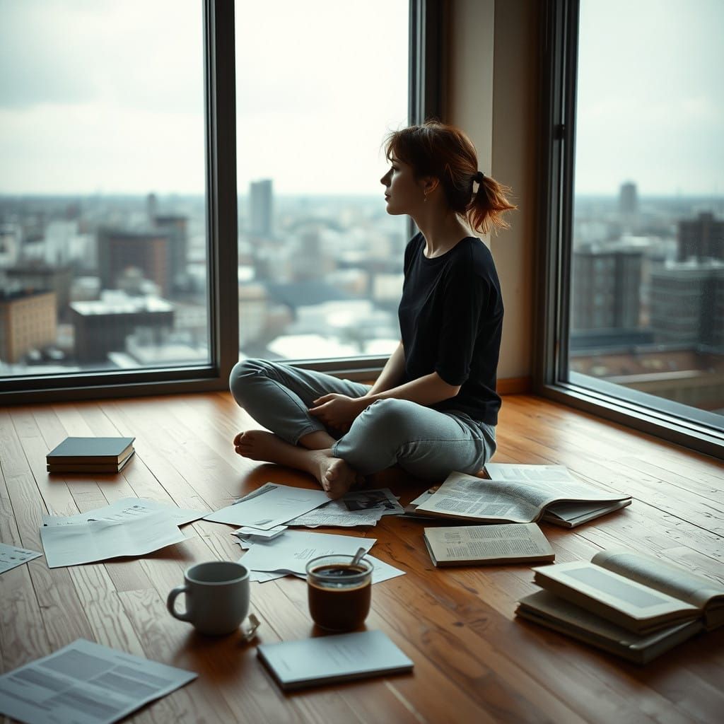 Woman in Contemplative Mood, Moody Cityscape in the Backgrou...
