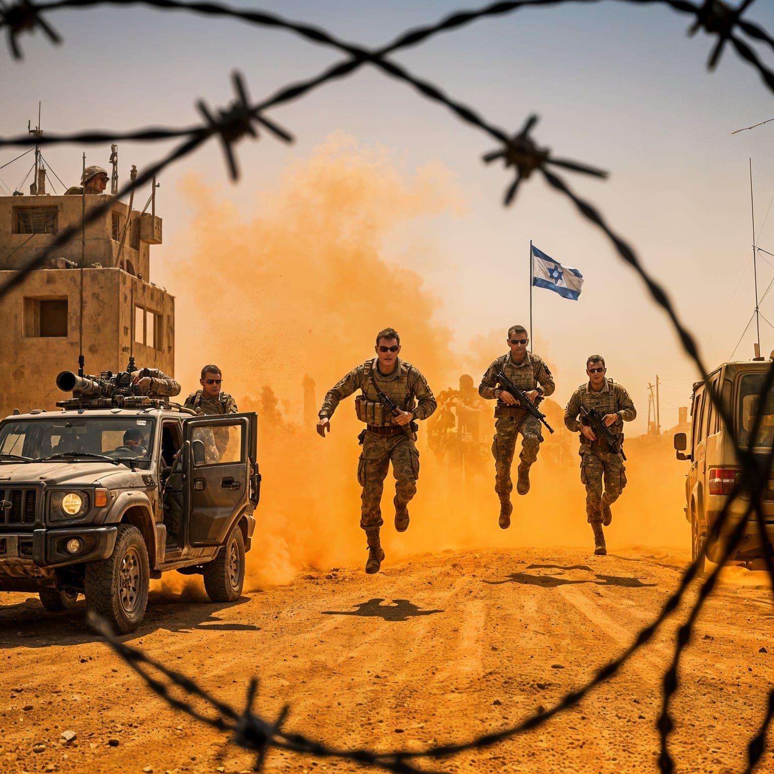 Soldiers Storm Desert Base in Photojournalism Style
