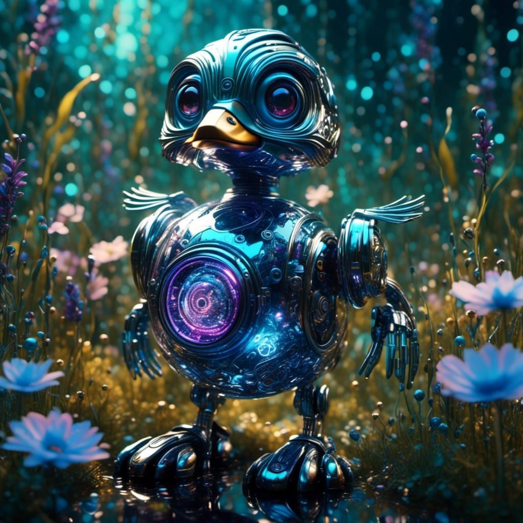 Adorable Duck Robot in Enchanted Meadow